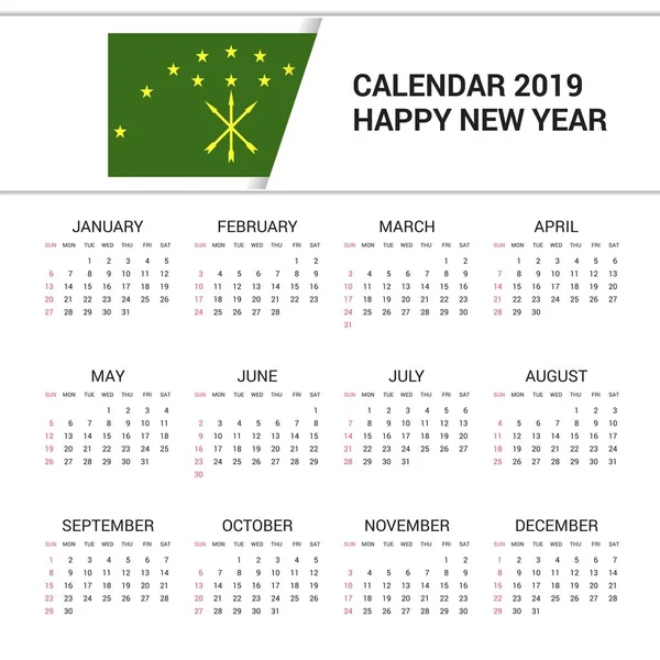 Calendario 2019 Adygea Fondo Bandera Idioma Inglés — Vector de stock