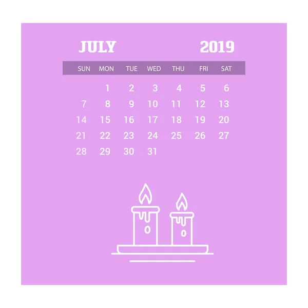 2019 Happy New Year July Calendar Template Christmas Background — Stock Vector