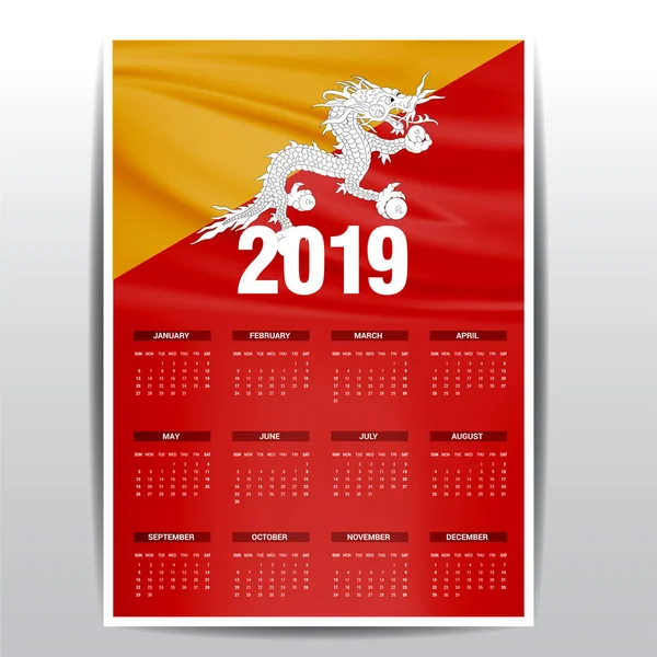 Calendario 2019 Bután Fondo Bandera Idioma Inglés — Vector de stock