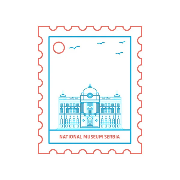 Sello Postal Museo Serbia Nacional Estilo Línea Azul Rojo Ilustración — Vector de stock