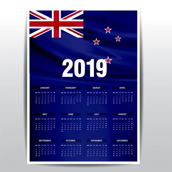 Flaga Nowej Zelandii 2019 Kalendarz Tła Język Angielski — Wektor stockowy