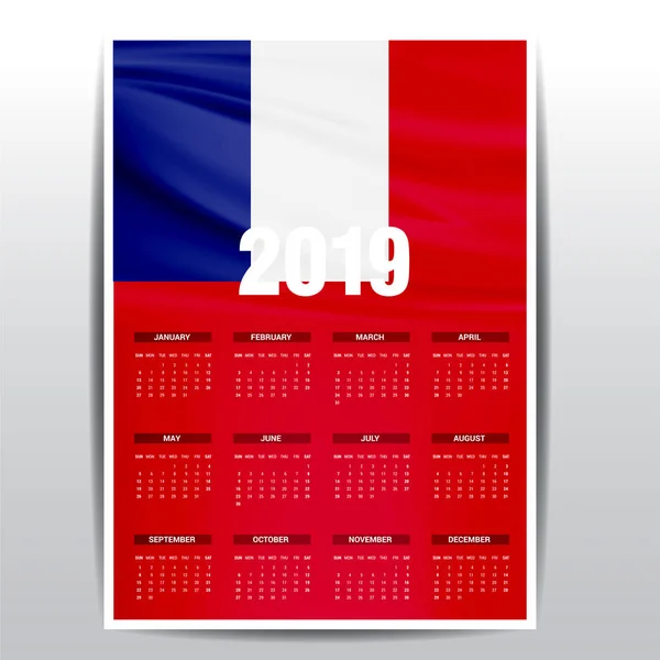 Calendario 2019 Francia Fondo Bandera Idioma Inglés — Vector de stock