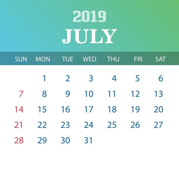 Modèle Calendrier 2019 Juillet — Image vectorielle