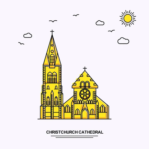 Christchurch Cathedral Pomnik Plakat Szablon Świat Podróży Żółty Ilustracja Tło — Wektor stockowy