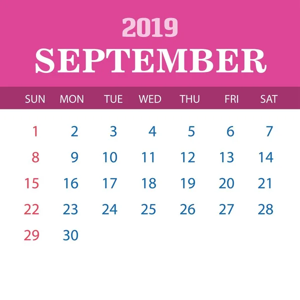 Plantilla Calendario 2019 Septiembre — Vector de stock