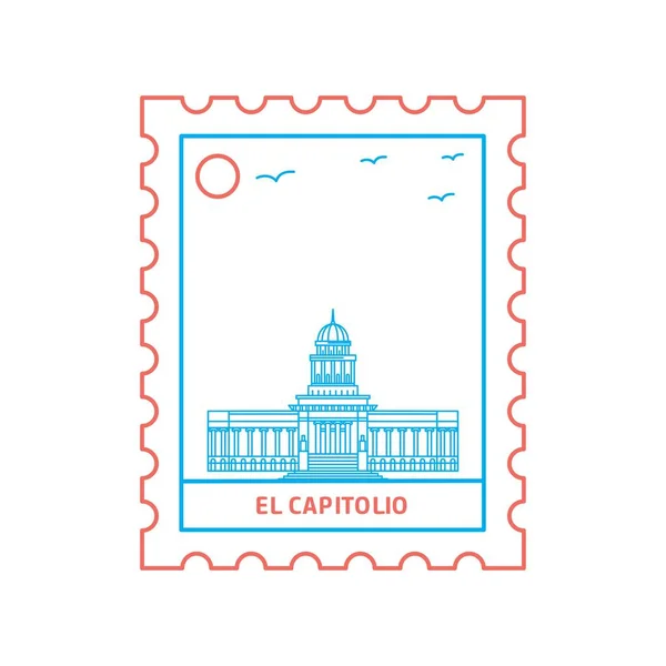 Capitolio Postage Stamp Blue Red Line Style Vector Illustration — Stock Vector