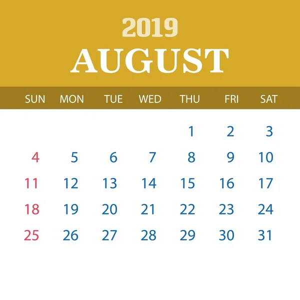 Шаблон Календаря 2019 Август — стоковый вектор