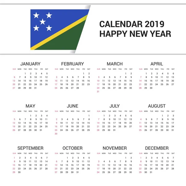 Calendario 2019 Islas Salomón Fondo Bandera Idioma Inglés — Vector de stock