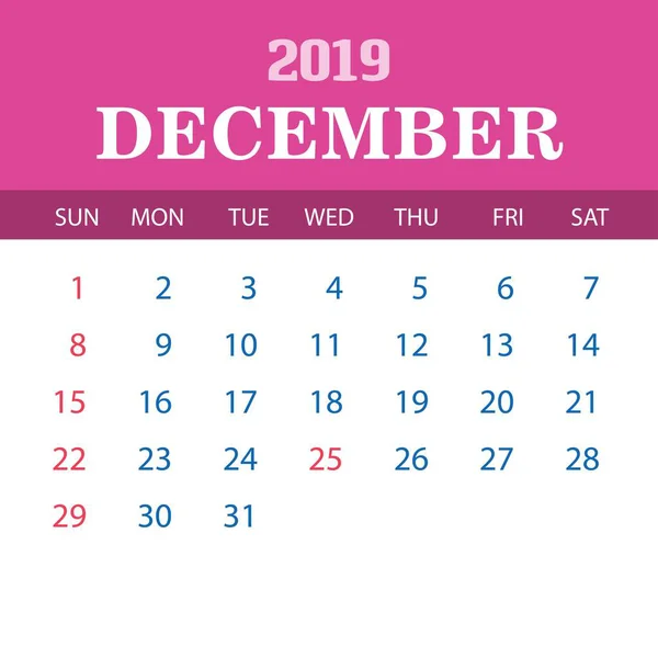 Plantilla Calendario 2019 Diciembre — Vector de stock