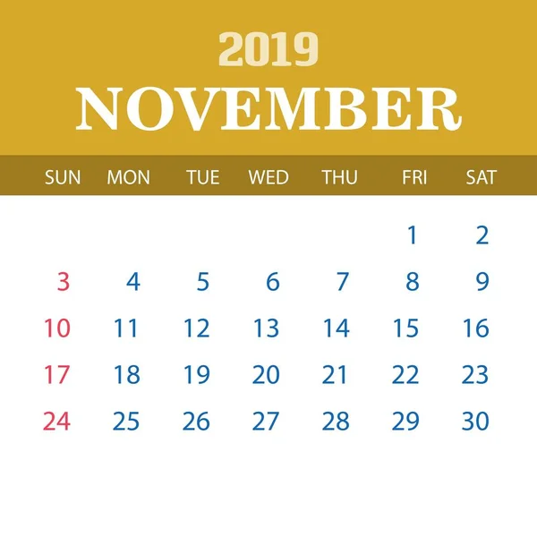 Plantilla Calendario 2019 Noviembre — Archivo Imágenes Vectoriales