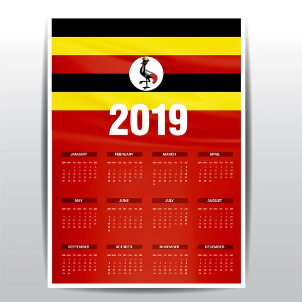 Calendario 2019 Uganda Fondo Bandera Idioma Inglés — Archivo Imágenes Vectoriales