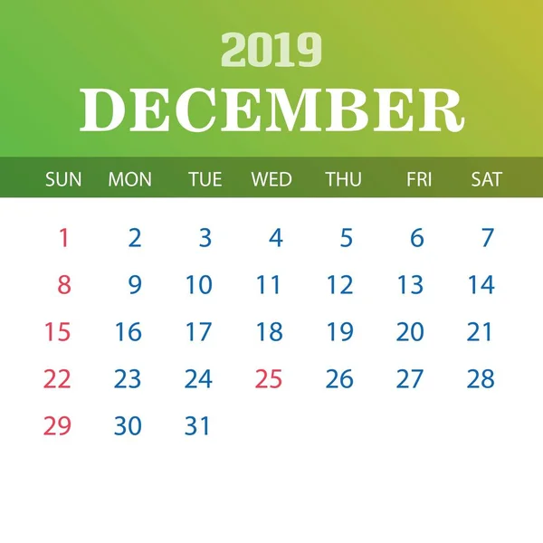 Plantilla Calendario 2019 Diciembre — Vector de stock