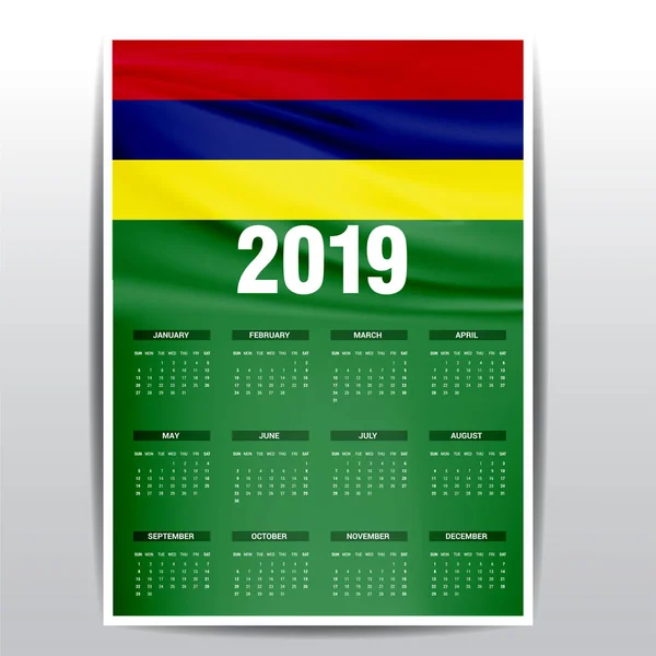 Calendário 2019 Maurício Bandeira Fundo Língua Inglesa — Vetor de Stock