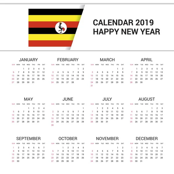 Calendar 2019 Uganda Flag Background English Language — Stock Vector