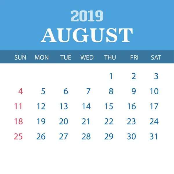 Kalendervorlage 2019 August — Stockvektor