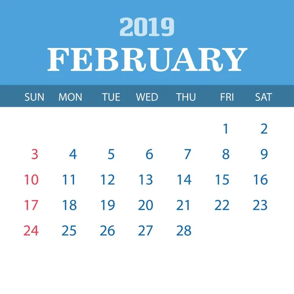 Plantilla Calendario 2019 Febrero — Vector de stock