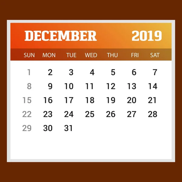 2019 Feliz Año Nuevo Diciembre Calendario Plantilla Fondo Navidad — Vector de stock