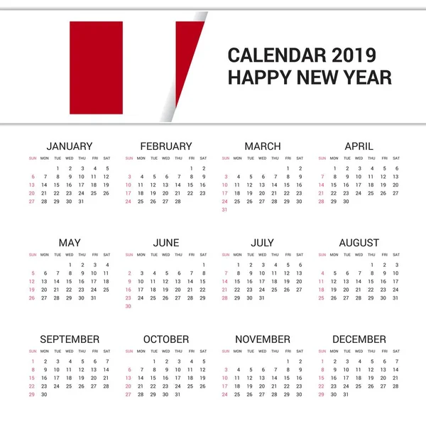 Kalender 2019 Peru Flagge Hintergrund Englische Sprache — Stockvektor