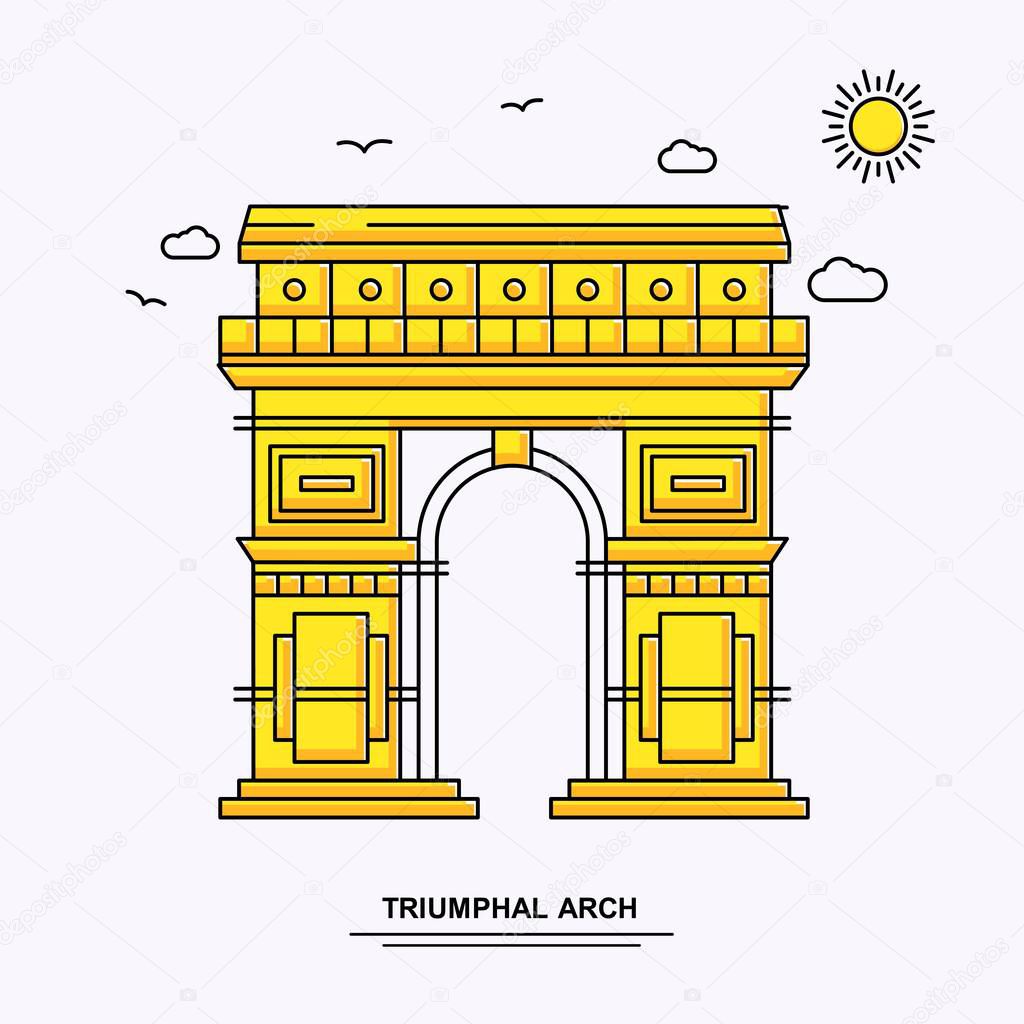 TRIUMPHAL ARCH Monument Poster Template. World Travel Yellow illustration Background in Line Style with beauture nature Scene