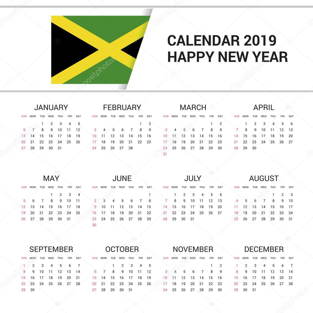Calendar 2019 Jamaica Flag background. English language