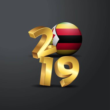 Zimbabve bayrağı ile 2019 altın tipografi. Mutlu yeni yıl yazı