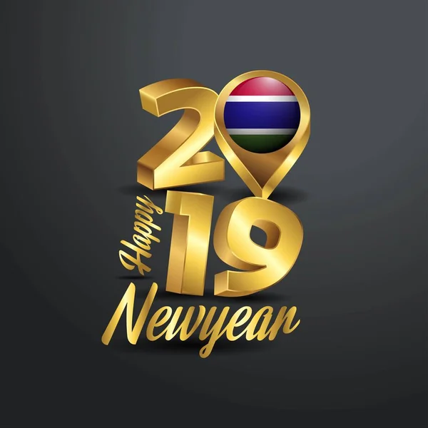 Gelukkig Nieuwjaar 2019 Golden Typografie Met Gambia Vlag Locatie Pin — Stockvector