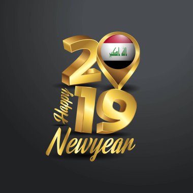 Mutlu yeni yıl 2019 altın tipografi Irak bayrağı konumu iğne ile. Ülke bayrağı tasarım