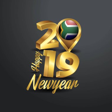 Mutlu yeni yıl 2019 altın tipografi Güney Afrika bayrak konumu iğne ile. Ülke bayrağı tasarım
