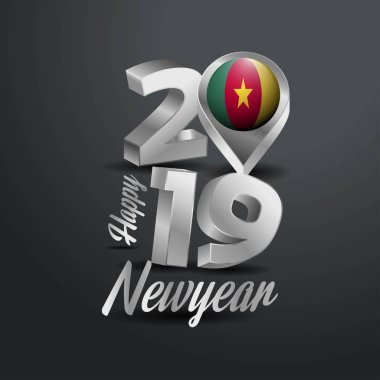 Mutlu yeni yıl 2019 gri tipografi Kamerun bayrağı konumu iğne ile. Ülke bayrağı tasarım