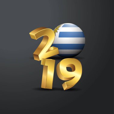 2019 altın tipografi ile Uruguay bayrağı. Mutlu yeni yıl yazı