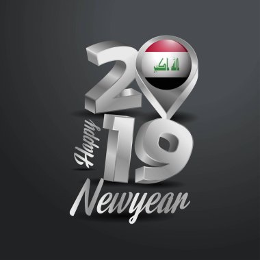 Mutlu yeni yıl 2019 gri tipografi Irak bayrağı konumu iğne ile. Ülke bayrağı tasarım
