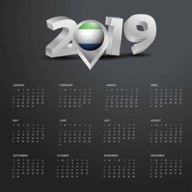 2019 takvim şablonu. Sierra Leone ülke harita altın tipografi üstbilgiyle gri tipografi