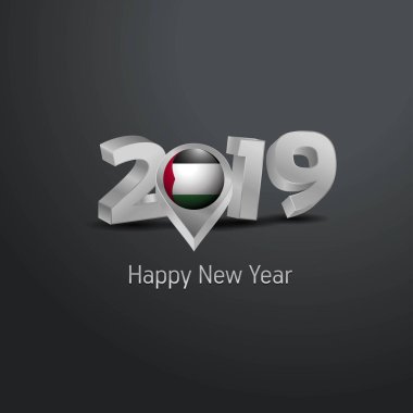 Mutlu yeni yıl 2019 gri tipografi Palestine bayrak konumu iğne ile. Ülke bayrağı tasarım
