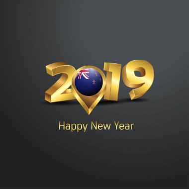 Mutlu yeni yıl 2019 altın tipografi Yeni Zelanda bayrağı konumu iğne ile. Ülke bayrağı tasarım