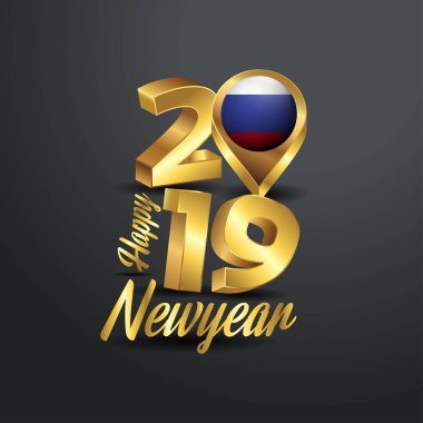 Mutlu yeni yıl 2019 altın tipografi Rusya bayrağı konumu iğne ile. Ülke bayrağı tasarım