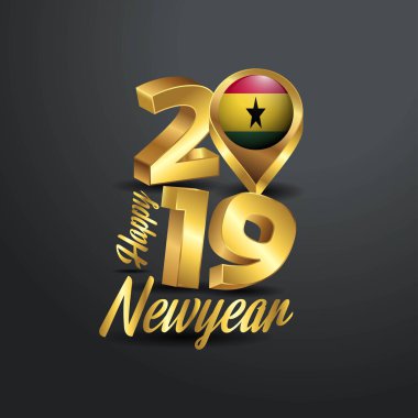 Mutlu yeni yıl 2019 altın tipografi Gana bayrak konumu iğne ile. Ülke bayrağı tasarım