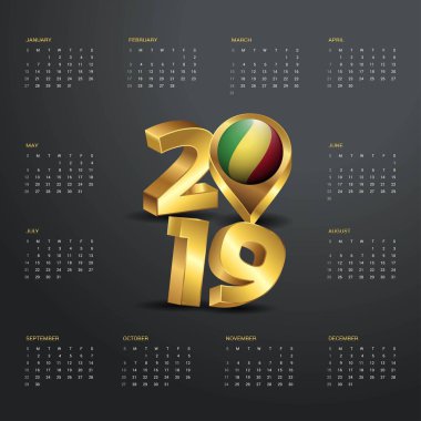 2019 takvim şablonu. Cumhuriyeti Kongo ülke harita altın tipografi üstbilgisi ile altın tipografi