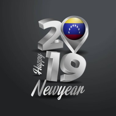 Mutlu yeni yıl 2019 gri tipografi Venezuela bayrak konumu iğne ile. Ülke bayrağı tasarım