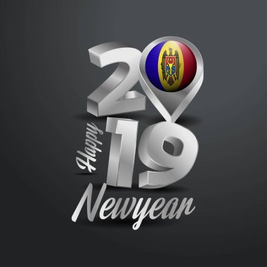 Mutlu yeni yıl 2019 gri tipografi Moldova bayrağı konumu iğne ile. Ülke bayrağı tasarım