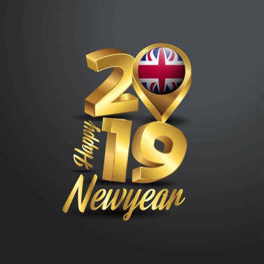 Mutlu yeni yıl 2019 altın Tipografi Büyük Britanya bayrağı konumu iğne ile. Ülke bayrağı tasarım