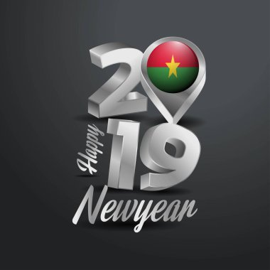 Mutlu yeni yıl 2019 gri tipografi Burkina Faso bayrak konumu iğne ile. Ülke bayrağı tasarım