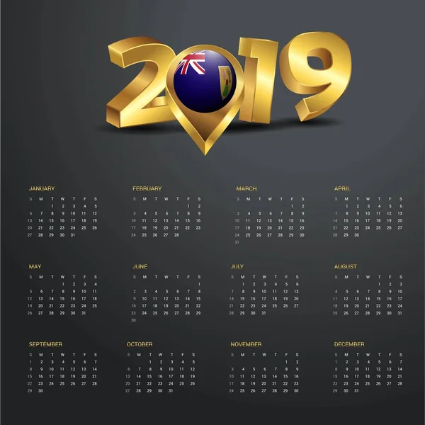 2019 Szablon Kalendarza Turks Caicos Kraju Mapa Złote Typografii Nagłówka — Wektor stockowy