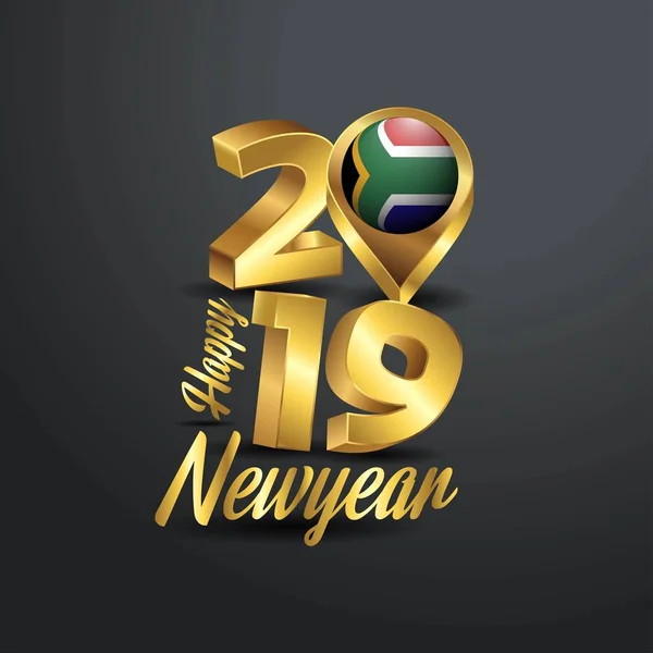 Ευτυχισμένο Νέο Έτος 2019 Χρυσή Τυπογραφία Νότια Αφρική Σημαία Καρφίτσα — Διανυσματικό Αρχείο
