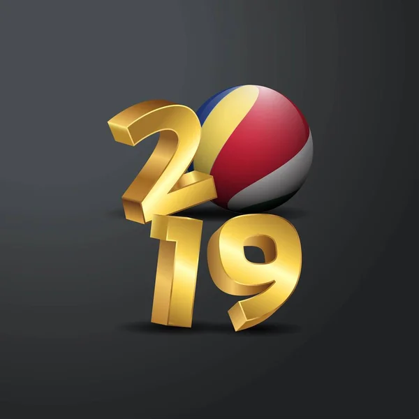 2019 Tipografía Dorada Con Bandera Seychelles Feliz Año Nuevo Letras — Vector de stock