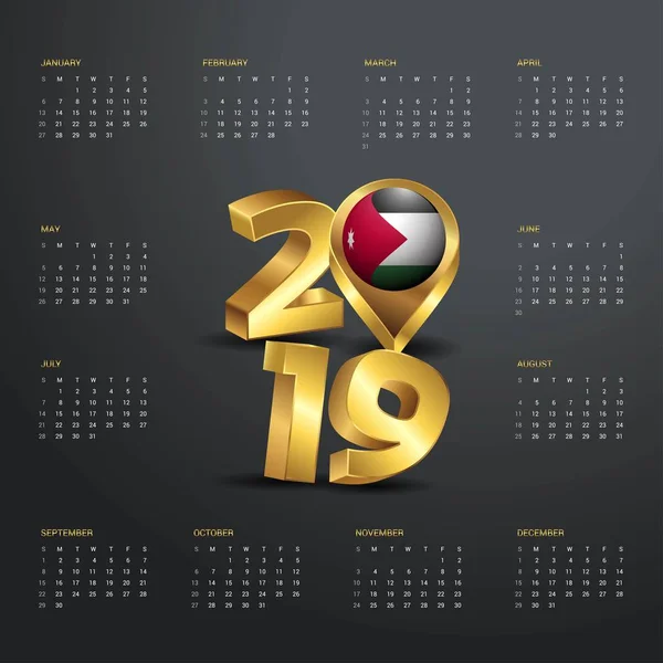 2019 Kalendermall Gyllene Typografi Med Jordanien Country Karta Golden Typografi — Stock vektor