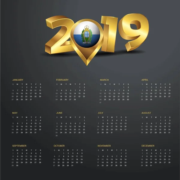 2019 Szablon Kalendarza San Marino Kraju Mapa Złote Typografii Nagłówka — Wektor stockowy