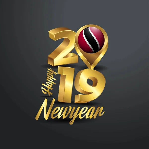 Felice Anno Nuovo 2019 Tipografia Oro Con Trinidad Tobago Bandiera — Vettoriale Stock