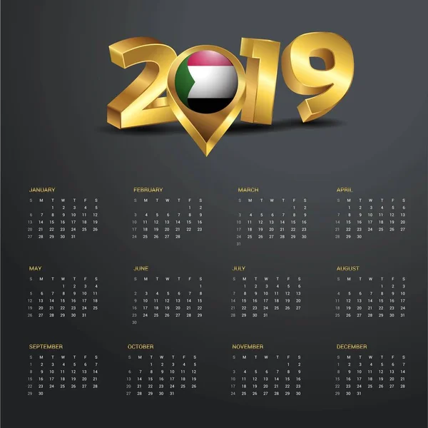2019年日历模板 苏丹国家地图黄金版式标题 — 图库矢量图片