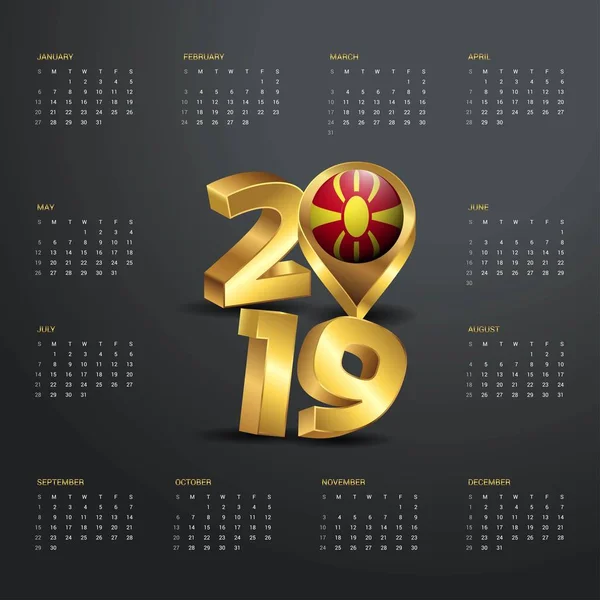 Plantilla Calendario 2019 Tipografía Dorada Con Macedonia Mapa Del País — Vector de stock