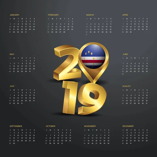 2019 Kalendermall Gyllene Typografi Med Kap Verde Land Karta Golden — Stock vektor